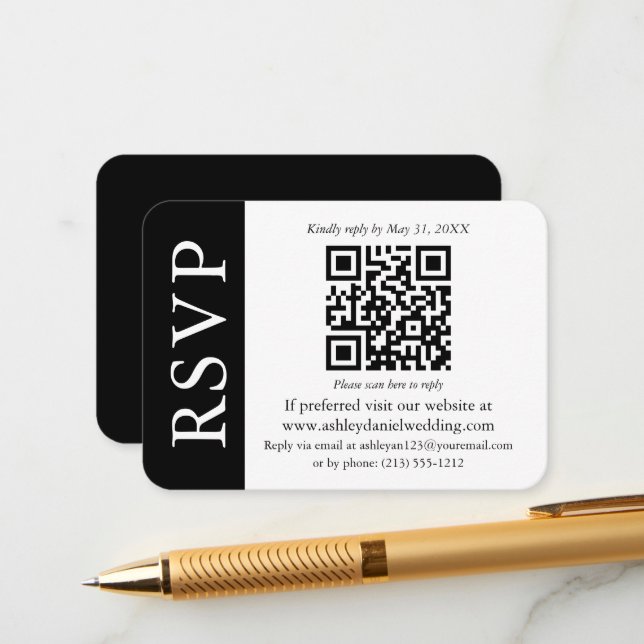 Modern QR Wedding RSVP Black and White  Enclosure Card (Front/Back In Situ)
