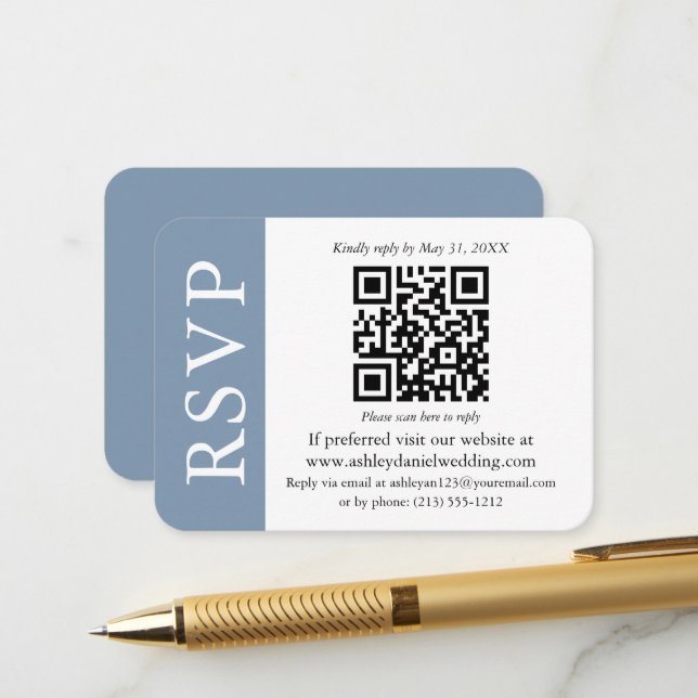 Modern QR Wedding RSVP Dusty Blue and White Enclosure Card (Front/Back In Situ)