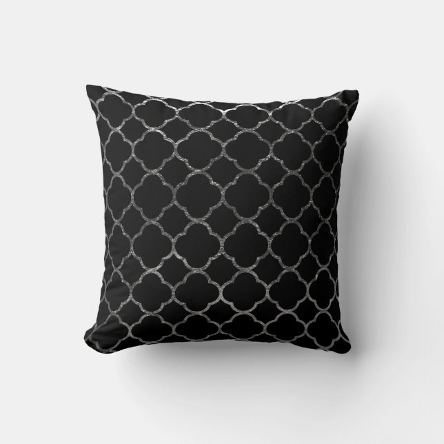 Modern Quatrefoil Pattern Moroccan Black Silver Throw Pillow (Front)