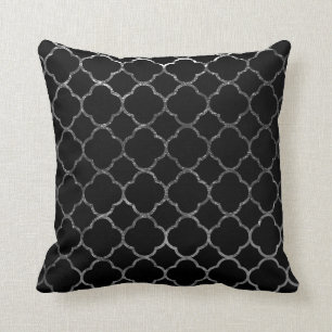 Modern Quatrefoil Pattern Moroccan Black Silver Throw Pillow