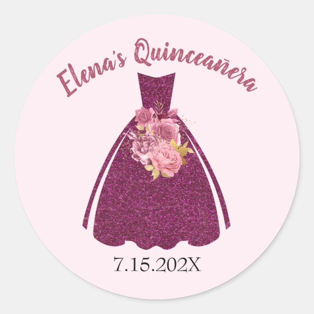 Modern Quinceañera Glitter Gown   Classic Round Sticker (Front)