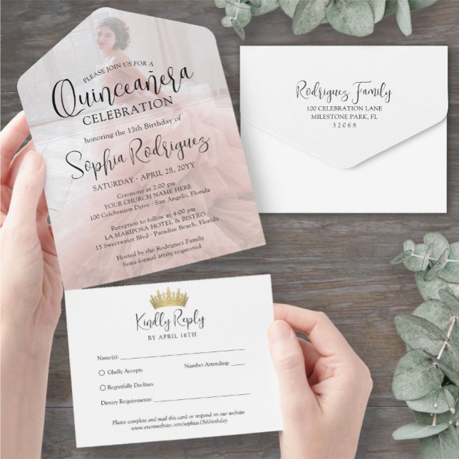 Modern Quinceañera Photo Overlay 15th Birthday All In One Invitation (Creator Uploaded)