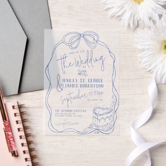 Modern Quirky Hand Drawn Bow BLUE Retro Wedding Vellum Invitations (Wedding)