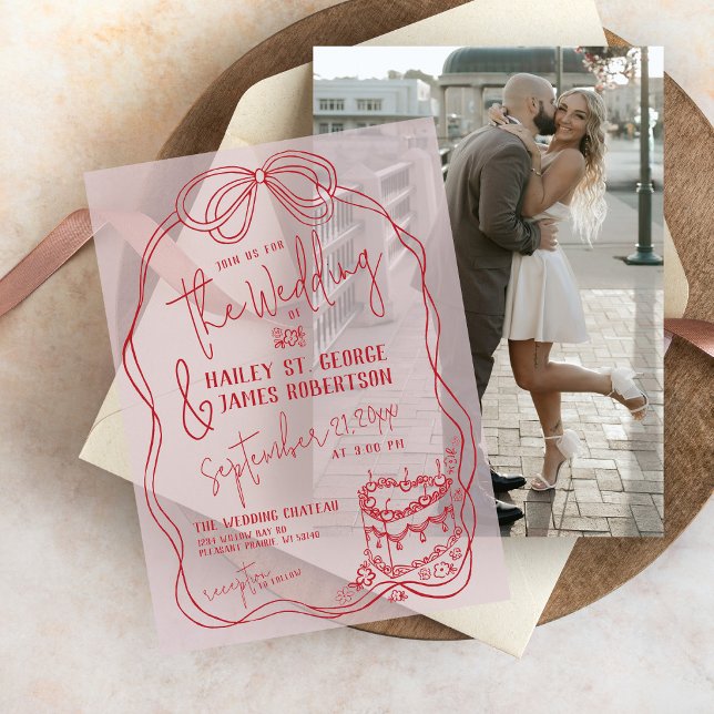 Modern Quirky Hand Drawn Bow PINK Retro Wedding Vellum Invitations (Unique modern quirky hand drawn written pink & red bow frame cake wedding invitation vellum overlay)