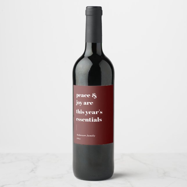 modern quote peace and joy holiday wine label (Front)