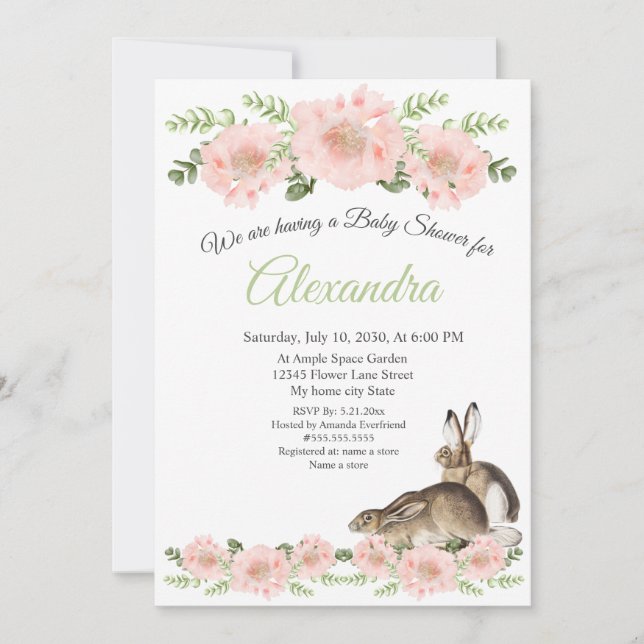 Modern Rabbit Pink Poppy floral girl baby shower  Announcement (Front)