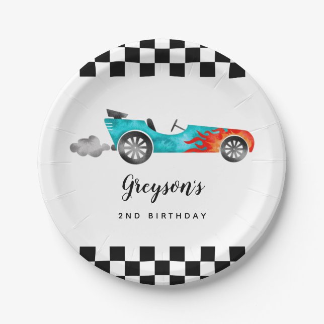 Modern Race Car Boy Birthday Party Paper Plate (Front)