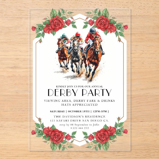 Modern Race Horse Derby Party Equestrian Acrylic Invitations (Front)