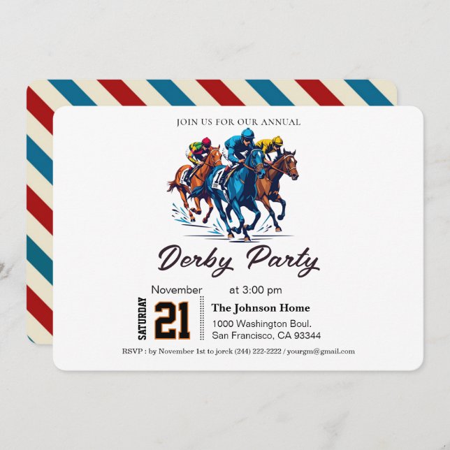 Modern Race Horse Derby Party Equestrian  Invitation (Front/Back)