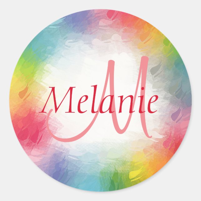 Modern Rainbow Abstract Monogrammed Template Classic Round Sticker (Front)