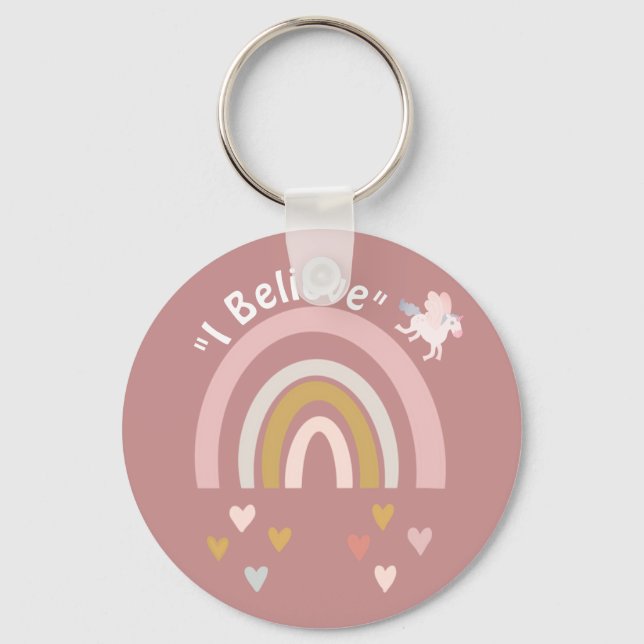 Modern Rainbow and Hearts Believe in Unicorns Pink Keychain (Back)