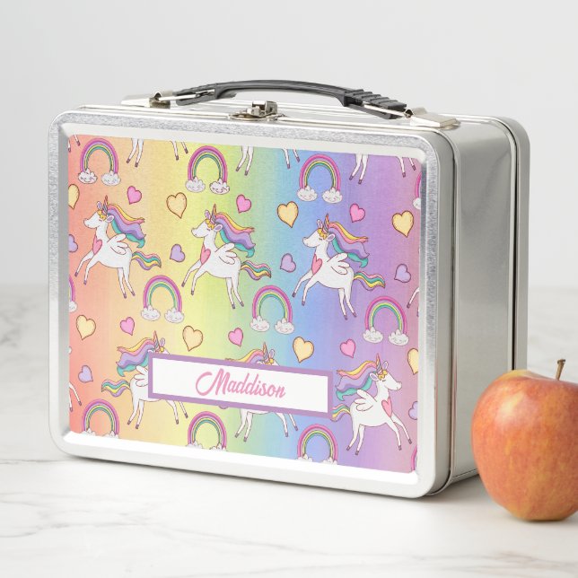 Modern Rainbow and Unicorn Pattern Name  Metal Lunch Box (In Situ)