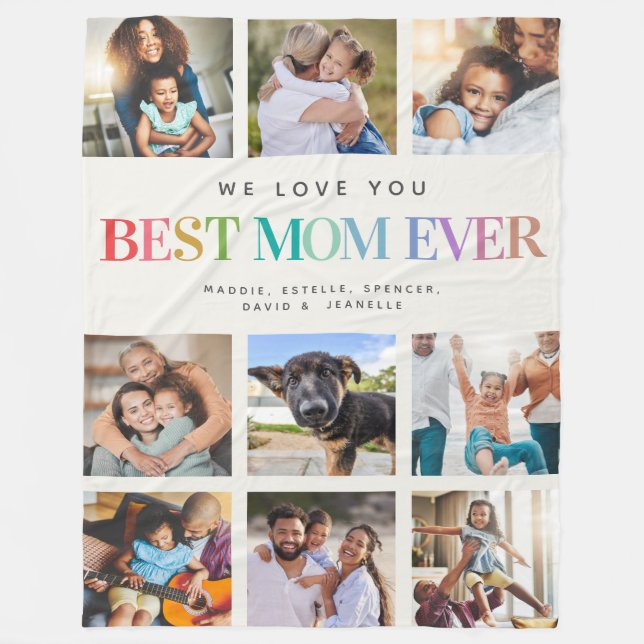 Modern Rainbow Best Mom Ever Photo Collage Family Fleece Blanket (Front)