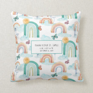 Modern Rainbow BOHO Baby Nursery Birth Stats Name  Throw Pillow