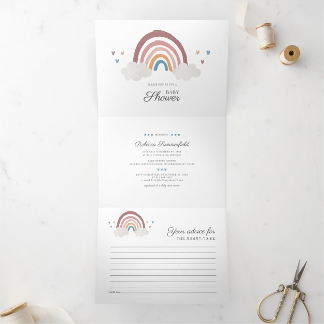 Modern Rainbow Boho Script Chic Baby Shower Tri-Fold Invitation (Inside)
