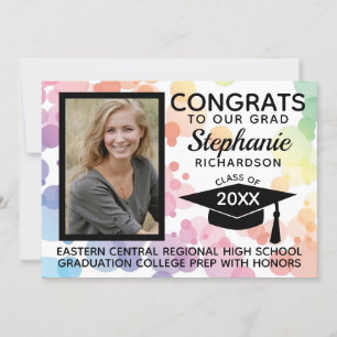 Modern Rainbow Bokeh Bubbles Photo Graduation Invitation