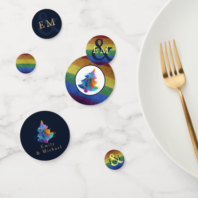 Modern Rainbow Christmas Tree Custom Monogram Blue Confetti (Group)