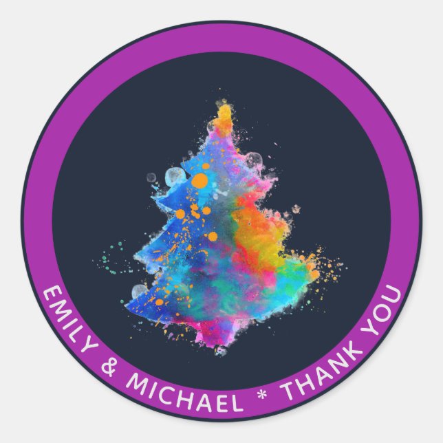 Modern Rainbow Christmas Tree Navy Blue Custom Classic Round Sticker (Front)