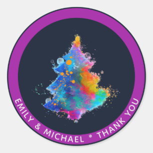 Modern Rainbow Christmas Tree Navy Blue Custom Classic Round Sticker