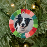 Modern Rainbow Colour Wheel Pet Photo Christmas Ceramic Ornament<br><div class="desc">This fun pet photo Christmas ornament is sure to brighten up your tree this year! It features a colourful, hand painted colour wheel in retro colours of red, orange red, blush pink, teal, crisp green, and lime green. It's easy to personalize and contains a photo template on both the front...</div>