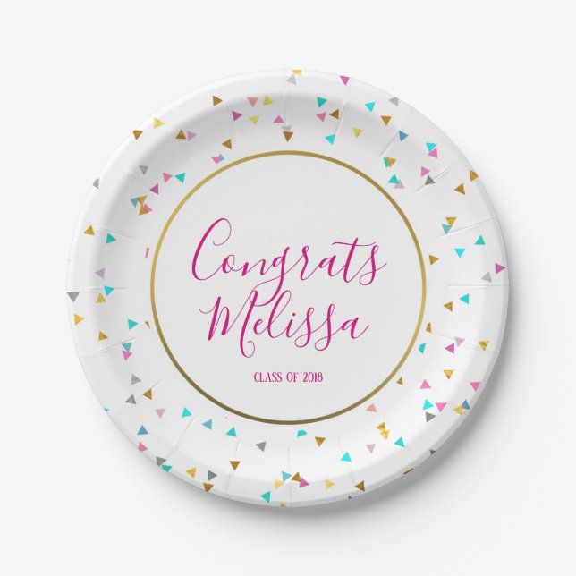 Modern Rainbow Confetti Graduation Paper Plates (Front)