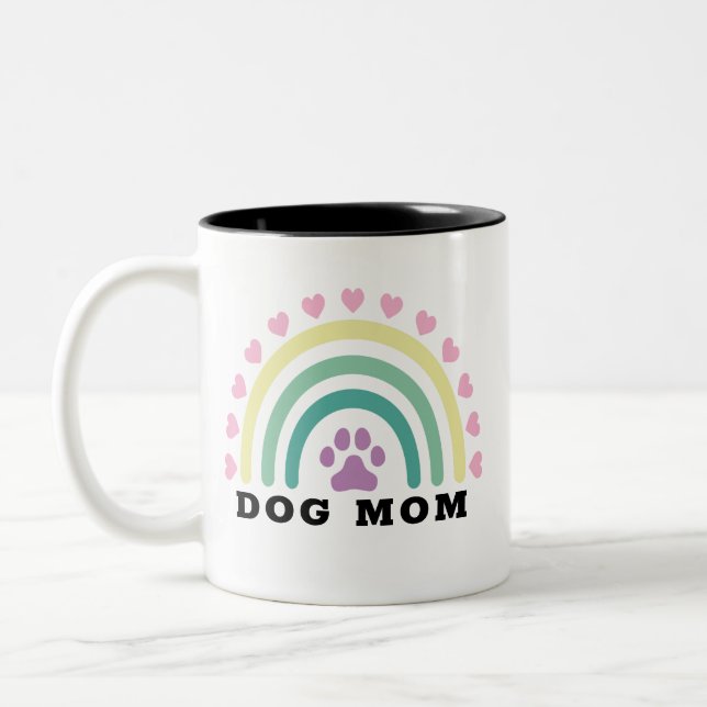 Modern Rainbow Dog Mom Monogram  Two-Tone Coffee Mug (Left)