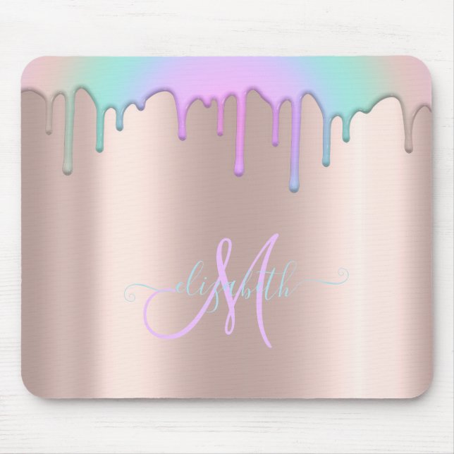 Modern Rainbow Drips Rose Gold Monogram Mouse Pad (Front)