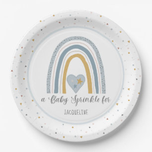 Modern Rainbow Dusty Blue Gold Baby Boy Sprinkle Paper Plate