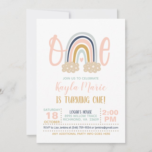 Modern Rainbow First Birthday Invitation - Girl (Front)