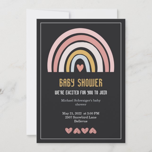 Modern rainbow gender neutral black baby shower invitation (Front)