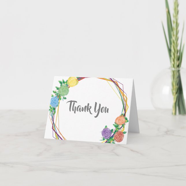 Modern Rainbow Geometric Floral Wedding Thank You Card (Front)