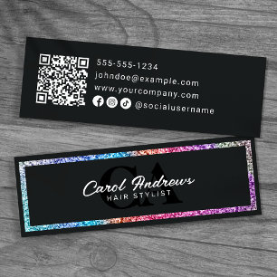 Modern Rainbow Glitter & Black Hairstylist QR Code Mini Business Card
