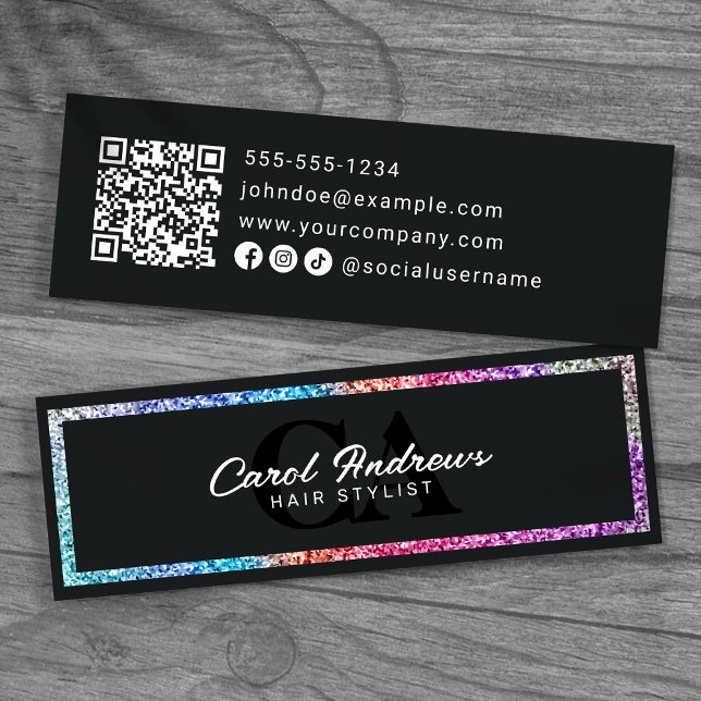 Modern Rainbow Glitter & Black Hairstylist QR Code Mini Business Card (Creator Uploaded)