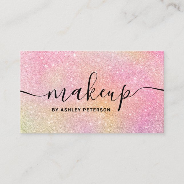 Modern rainbow glitter chic girly pink makeup business card (Front)