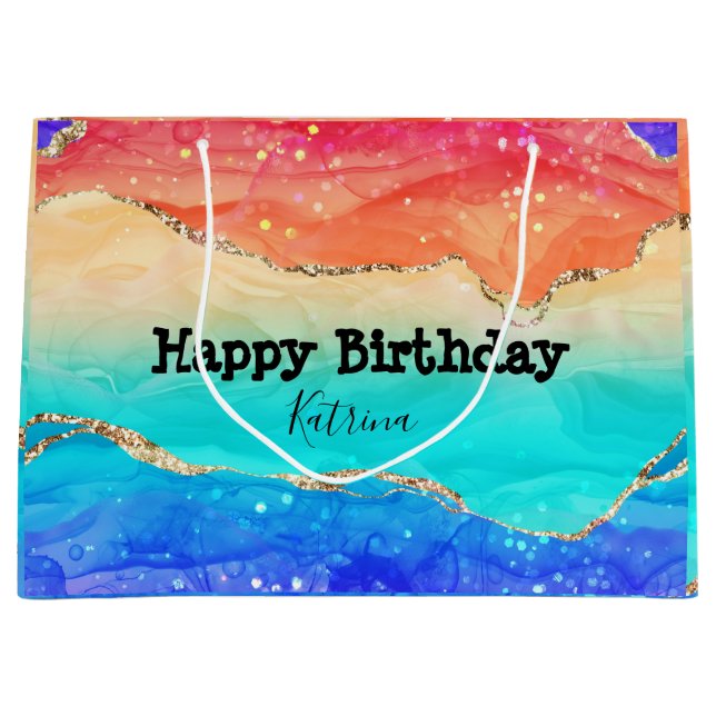 Modern Rainbow Glitter Customizable   Large Gift Bag (Front)