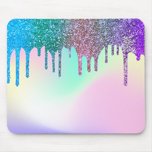 Modern Rainbow Glitter Drips Holographic Mouse Pad (Front)