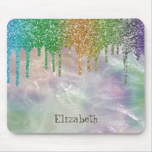Modern Rainbow Glitter Drips Holographic Opal Mouse Pad