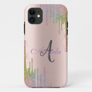 Modern Rainbow Glitter Drips, Rose Gold,Monogram iPhone 11 Case