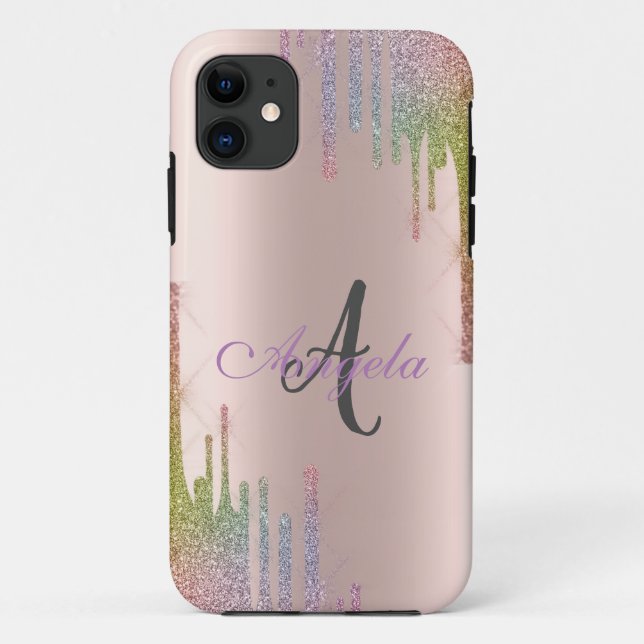Modern Rainbow Glitter Drips, Rose Gold,Monogram Case-Mate iPhone Case (Back)