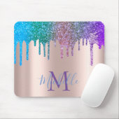 Modern Rainbow Glitter Drips Rose Gold Monogram Mouse Pad (With Mouse)