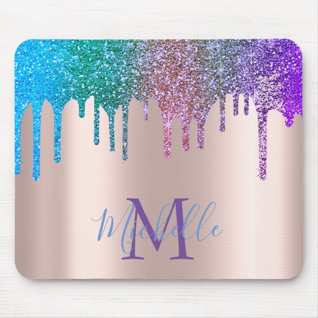 Modern Rainbow Glitter Drips Rose Gold Monogram Mouse Pad (Front)