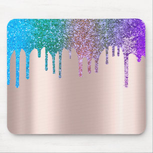 Modern Rainbow Glitter Drips Rose Gold Mouse Pad
