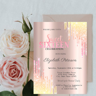 Modern Rainbow Glitter Drips Rose Gold Sweet 16 Invitation