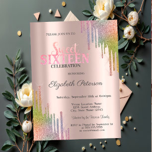 Modern Rainbow Glitter Drips Rose Gold Sweet 16 Invitation