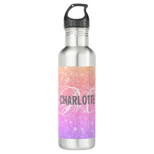 Modern rainbow glitter monogram name 710 ml water bottle