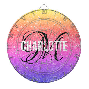 Modern rainbow glitter monogram name dart board