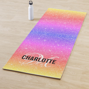 Modern rainbow glitter monogram name yoga mat