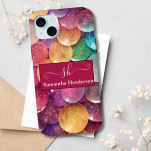 Modern Rainbow Glitter Monogrammed Chic Custom iPhone 15 Mini Case