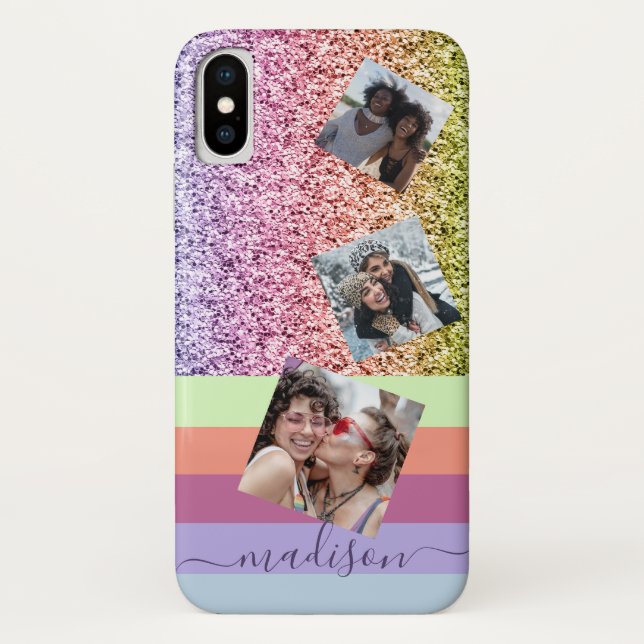 Modern Rainbow Glitter Photo Collage Monogram Case-Mate iPhone Case (Back)
