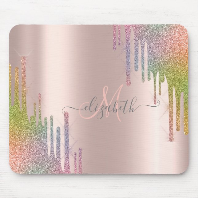 Modern Rainbow Glitter Rose Gold Monogram  Mouse Pad (Front)